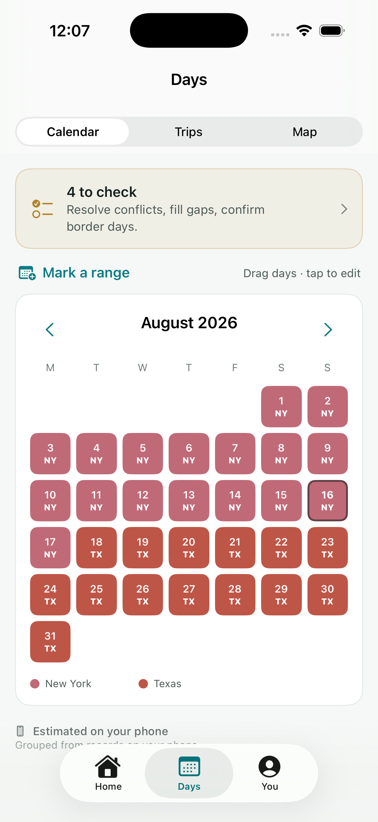 TaxRoost color calendar showing each day shaded by the state or country you were in.