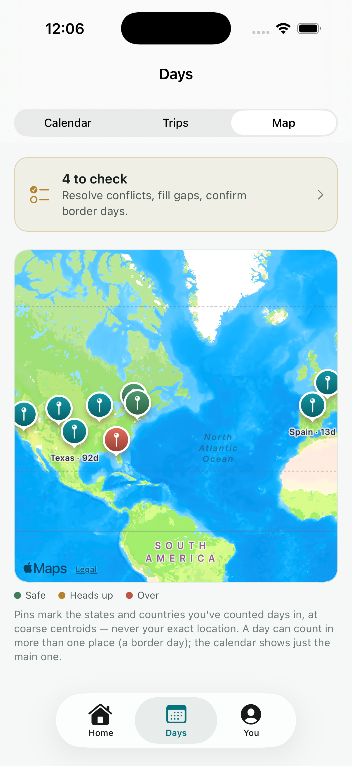 TaxRoost Days map with color-coded pins marking each state and country you've counted days in.