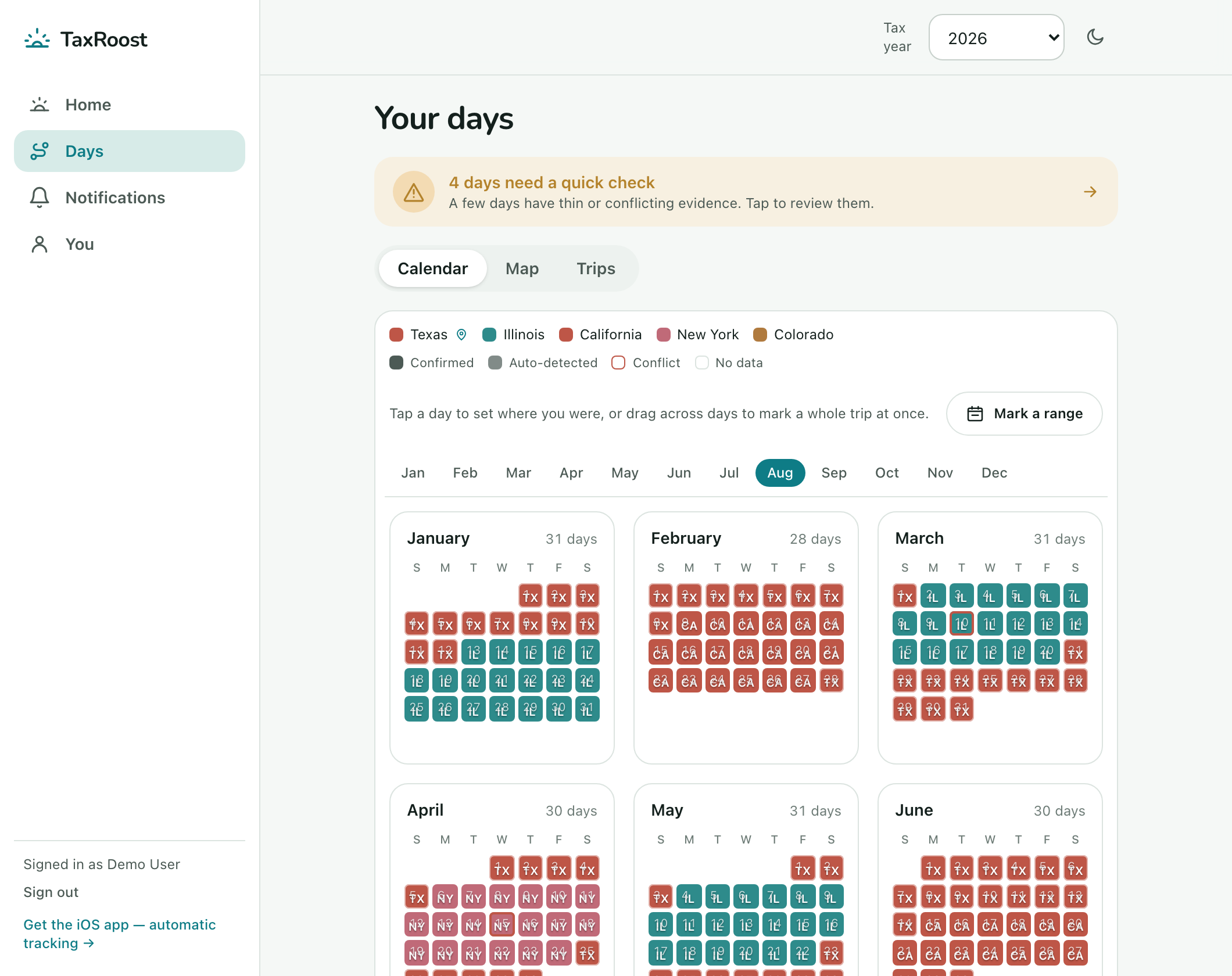The TaxRoost web calendar showing a full year color-coded by the state or country for each day.