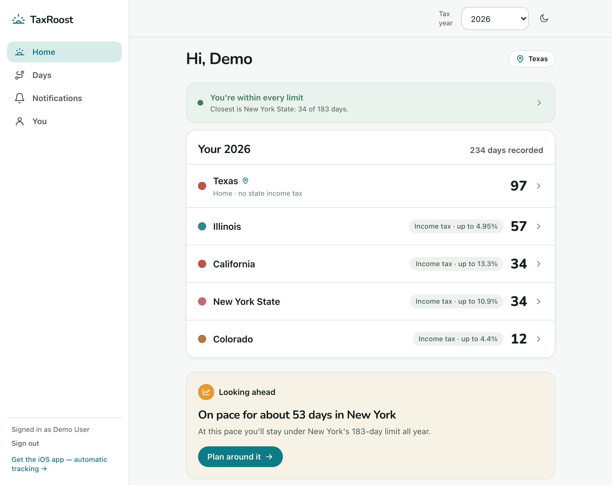 The TaxRoost web dashboard showing 234 days recorded across Texas, Illinois, California, New York and Colorado with income-tax rates and a residency projection.